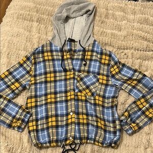 Rue21 Blue and Yellow Plaid Hooded Flannel